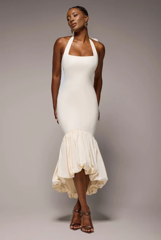 Image of Goddiva Womens Halter Neck Puff Hem Mermaid Midaxi Dress in Cream Size: 16 Cream Female 16