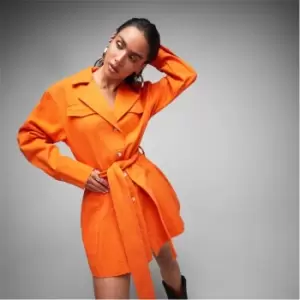 Missguided Pleated Waist Belted Denim Shirt Dress - Orange