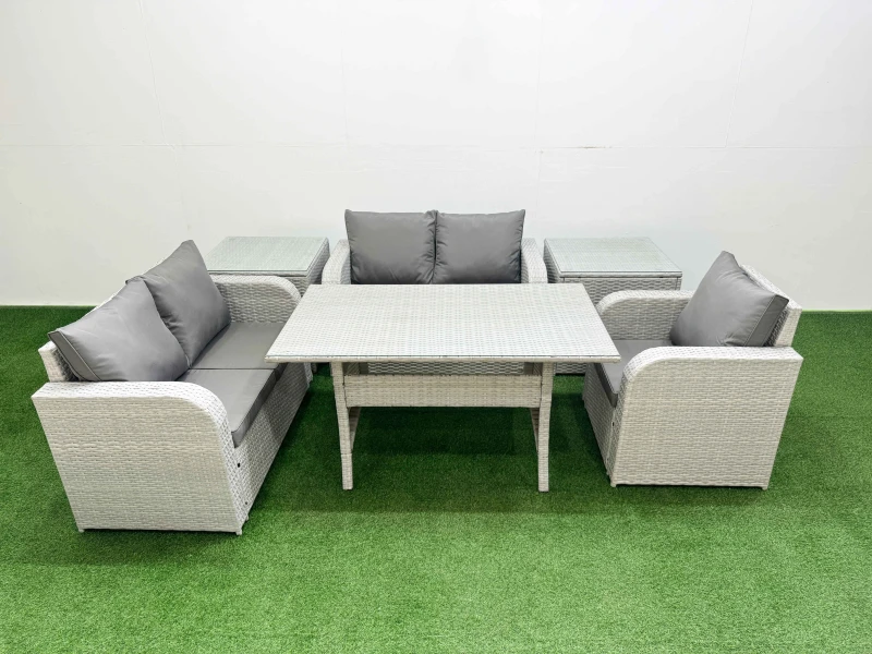 Image of Fimous High Back Poly Rattan Garden Furniture Set with Reclining Chair Loveseat Sofa Rectangular Dining Table Indoor Outdoor Patio Set 2 Side Table L
