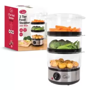 image of Quest 35220 400W 3-Tier Compact Food Steamer with Rice Bowl - Silver/Black/Clear