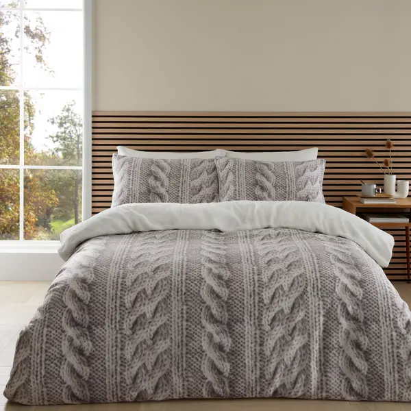 Image of Catherine Lansfield Cosy Cable Knit Fleece Duvet Cover & Pillowcase Set Beige