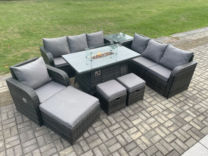 Image of Fimous 10 Seater Wicker Rattan Garden Furniture Set Gas Fire Pit Dining Table Reclining Chair 3 Seater Sofa Set Indoor Outdoor with Footstools Dark Gr
