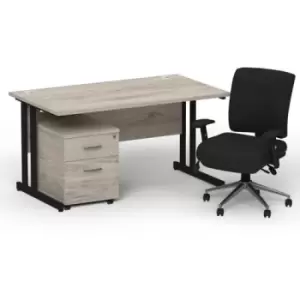 Image of Impulse 1400 x 800 Black Cant Office Desk Grey Oak + 2 Dr Mobile Ped & Chiro Med Back Black W/Arms