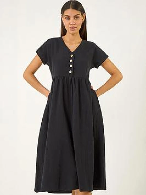Image of Roman Womens Linen Look Button Midi Dress in Black Size: 16 Black Female 16