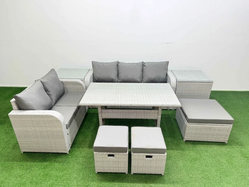 Image of Fimous 8 Seater PE Rattan Wicker Garden Furniture Patio Conservatory Sofa Set with Rectangular Dining Table 3 Seater Sofa Love Sofa 3 Stool 2 Side Tab