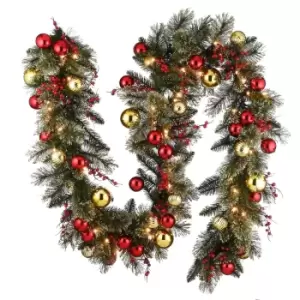 image of National Tree Company 9'x12" Dakota Garland with 12 Small Gold Balls, 6 Large Gold Balls, 24 Small Red Balls, 18 Red Berries & 70 Warm White Battery