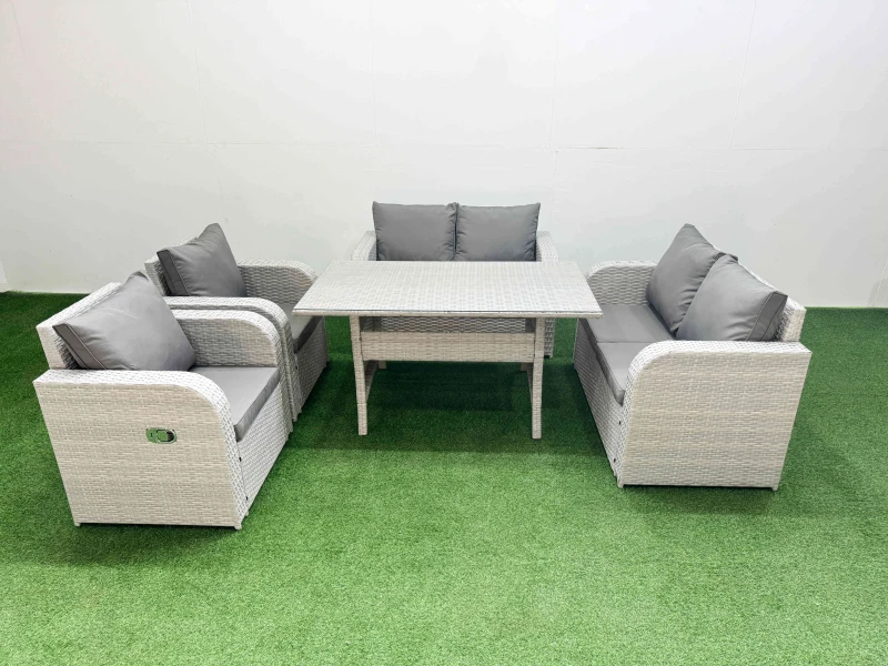 Image of Fimous 6 Seater Outdoor Reclining Chair Love Sofa Set Rattan Garden Furniture Set with Rectangular Dining Table Light Grey Light Grey