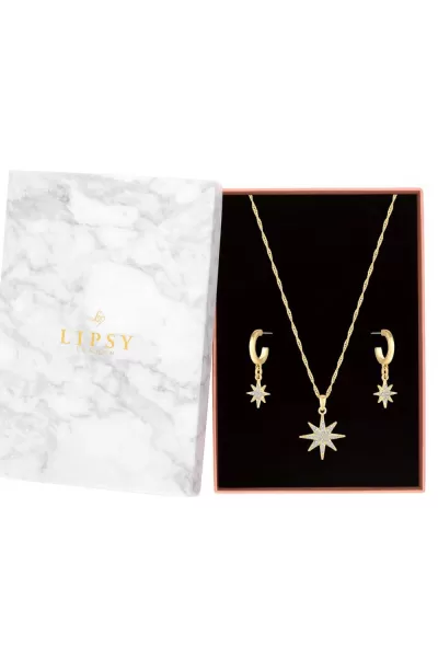 Image of Gold Celestial Y Drop Necklace And Earring Set - Gift Boxed