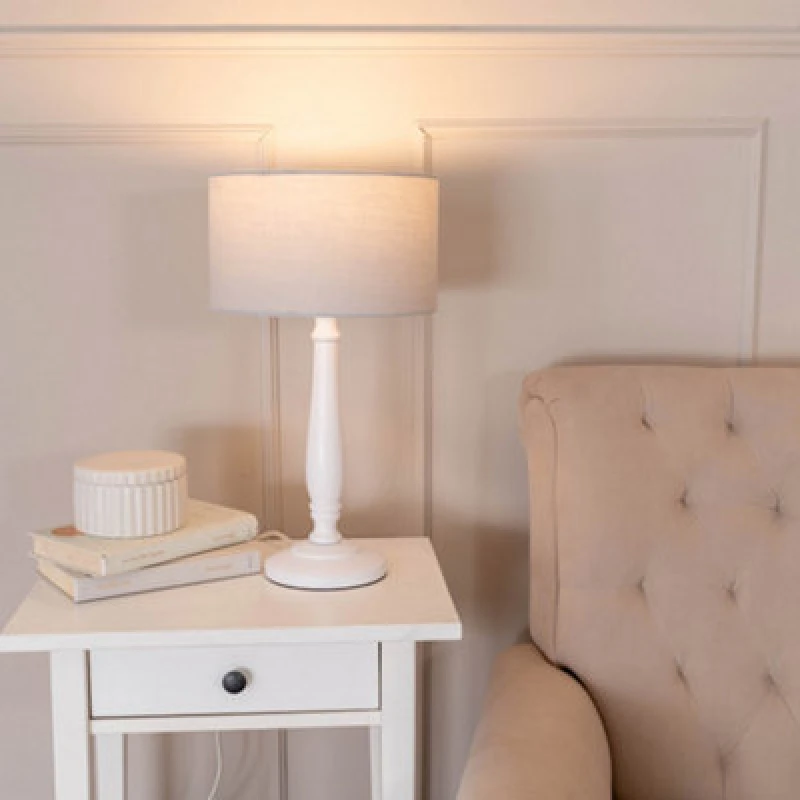 Image of ValueLights Victoria White Wood Traditional Table Lamp with Fabric Drum Shade and LED Bulb Grey