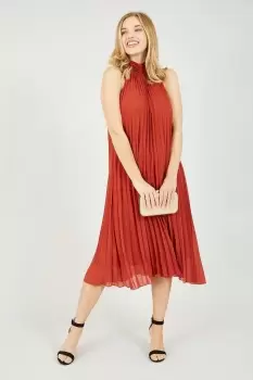 Image of Rust Halter Neck 'Crystal' Pleated Midi Dress