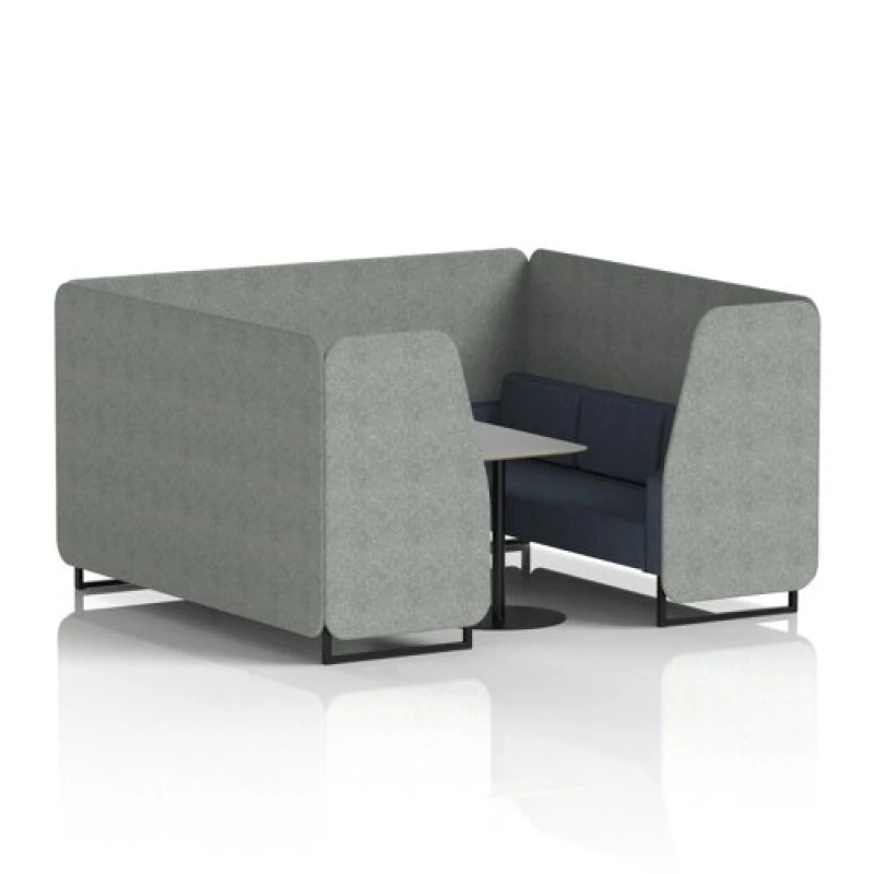 Image of Brixworth 6 Seater Office Booth with Front Panel - Black Legs and Grey Table with Black Leg in Rivet Fabric - Prime Panels and Crucible Sofa