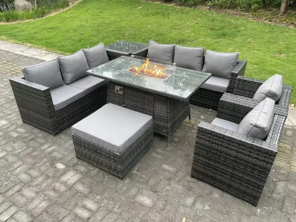 Image of Fimous 8 Seater Outdoor Dark Grey Rattan Lounge Complete Sofa Set with Gas Fire Pit Table and Big Footstool