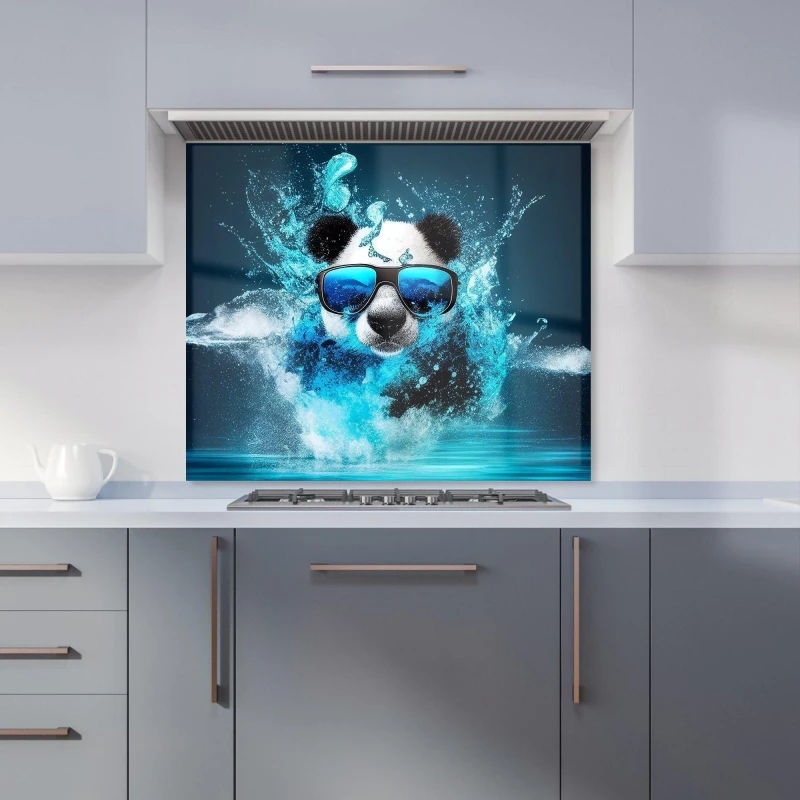 Image of Warren Reed - Designer Panda With Glasses Splashart Water Kitchen Splashback in Blue Size: 600mm x 750mm Blue Unisex 600mm x 750mm