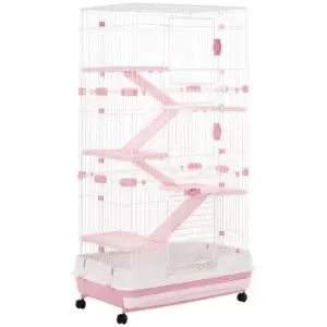 Image of PawHut 6 Levels Small Animal Cage Indoor Bunny House for Ferret Chinchilla with Wheels, Slide-out Tray, Pink