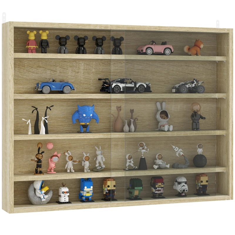 Image of HOMCOM 5-Tier Wall Display Shelf Unit Cabinet w/ Shelves Glass Doors Oak, Brown 833-761V81AK