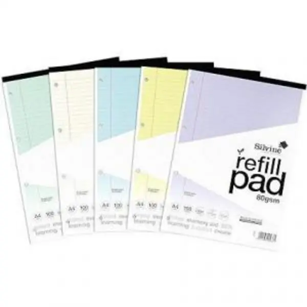 Image of Silvine Silvine SEN Refill Pad A4 With Tinted Coloured Papers 100 Page In 5 Assorted Colours Ruled With Margin 4 Hole Punched (Pack 5) - A4RPTINAC A4R