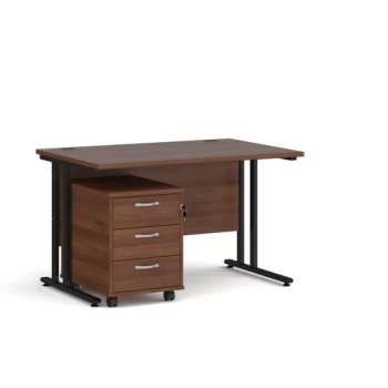 image of Office Desk Rectangular Desk 1200mm With Pedestal Walnut Top With Black Frame 800mm Depth Maestro 25 SBK312W