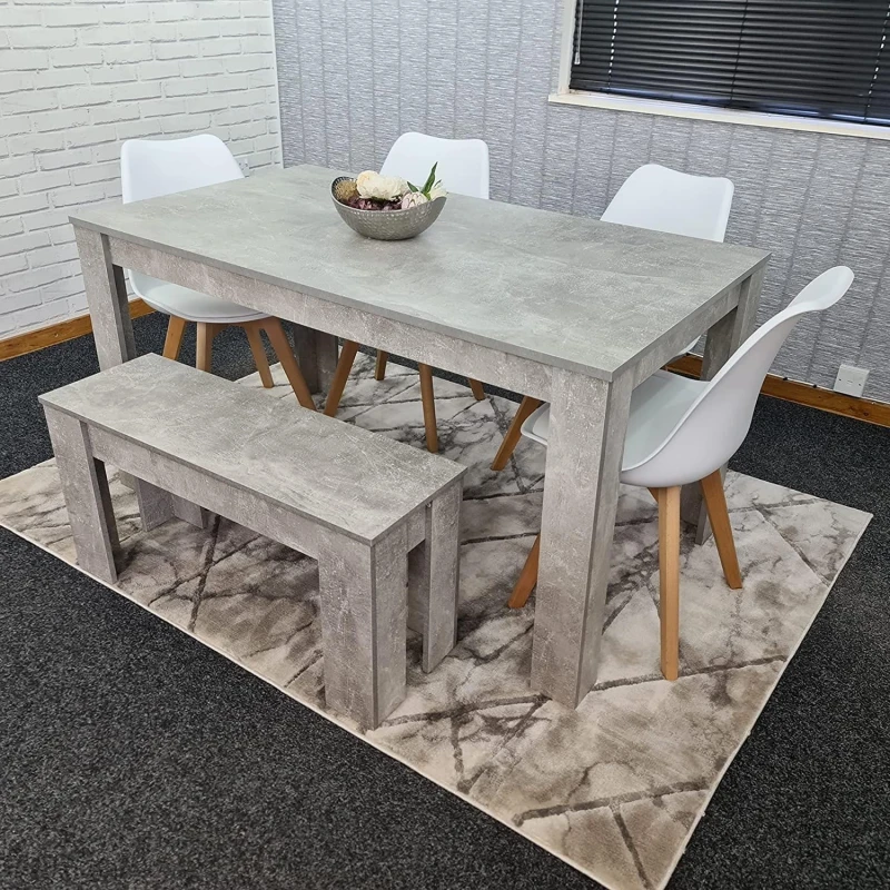 Image of KOSY KOALA Kosy Koala - Dining Table and 4 Chairs With Bench Stone Grey Effect Wood Table 4 White Plastic Leather Chairs Dining Room Stone grey 117 +