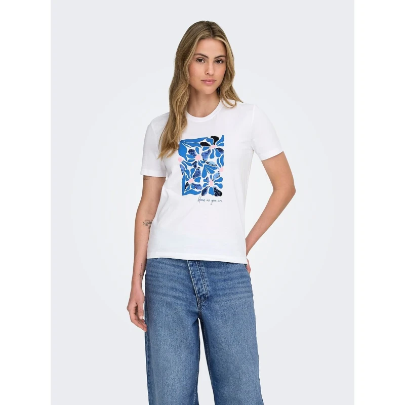 Image of Only Printed Short Sleeve T-Shirt White With Flowers Cotton S