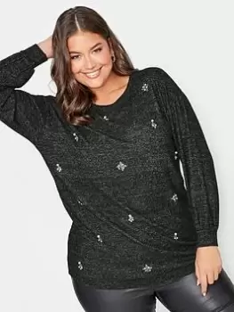 Image of Yours Yours Soft Touch Diamante & Pearl Jumper, Grey, Size 16, Women