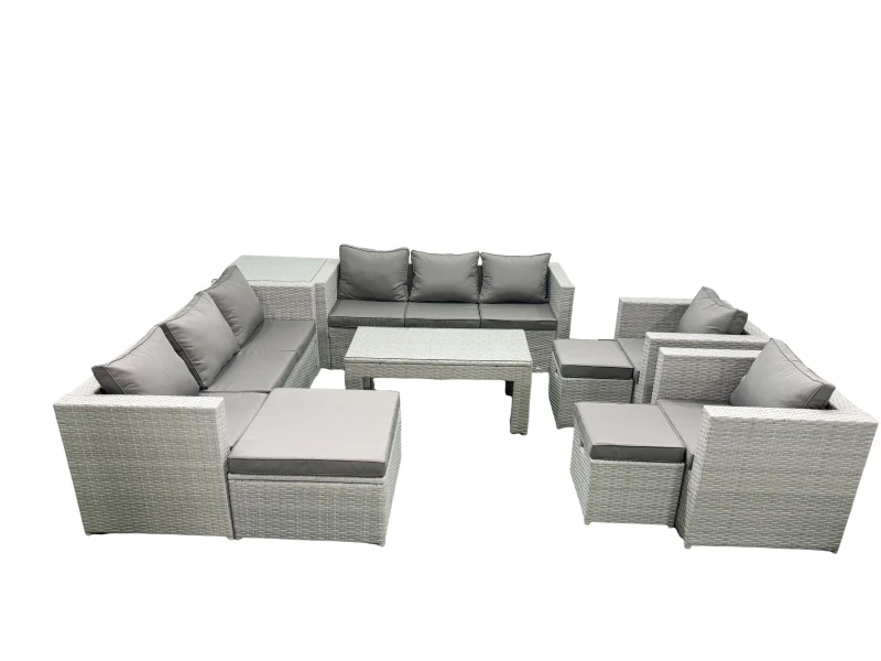 Image of Fimous Outdoor Garden Furniture Rattan Sofa Set with 2 Armchairs Oblong Coffee Table 3 Footstools Side Table Light Grey Mixed Light Grey