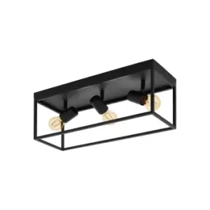 Image of Flush ceiling Light Colour Black Open Metal Frame Box & Holders Bulb E27 3x40W