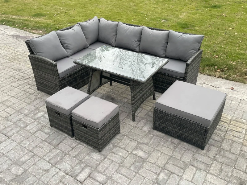 Image of Fimous Wicker Rattan Garden Furniture Corner Sofa Set with Oblong Dining Table 9 Seater Outdoor Rattan Set Dark Grey