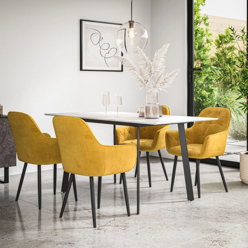 Image of More4Homes Haydon Extending Dining Table + Chairs- White Marble Effect Table Top W Black Legs + Anika Velvet Dining Chair Set Of 4 (Mustard)