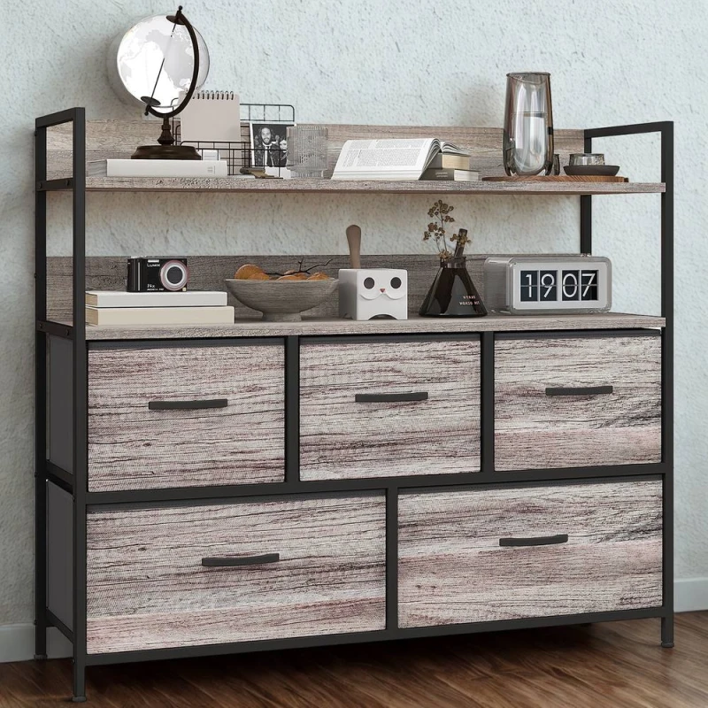 Image of FURNOS Industrial 5 Drawer Chest Storage Unit With Shelves Grey Grey Unisex