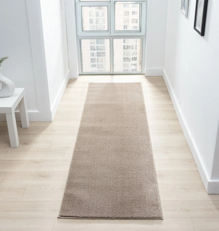 Image of Comfy Washable Low Pile Living Room Area Rug - Anti Slip Felt Backing Beige 60Cm X 200Cm