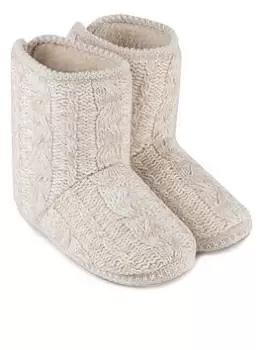 image of TOTES TALL KNITTED CABLE BOOT SLIPPERS WITH BORG LINING - Natural, Size 3-4, Women