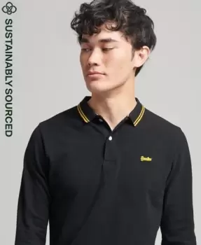 Image of Superdry Mens Vintage Tipped Long Sleeve Polo Shirt Black / Black/Utah Gold - Size: L