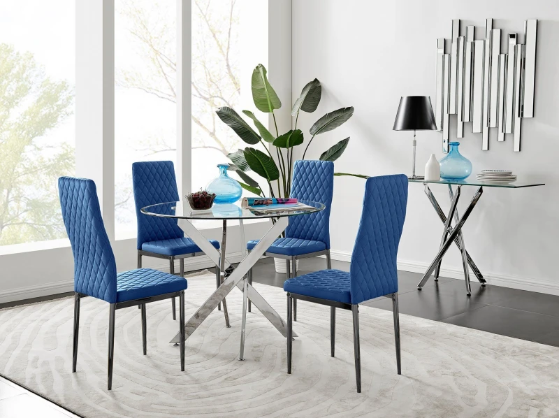 Image of FurnitureboxUK FurnitureboxUK Novara 100cm Round Dining Table and 4 Velvet Milan Black Leg Chairs in Navy Navy One Size Unisex 5056657153786