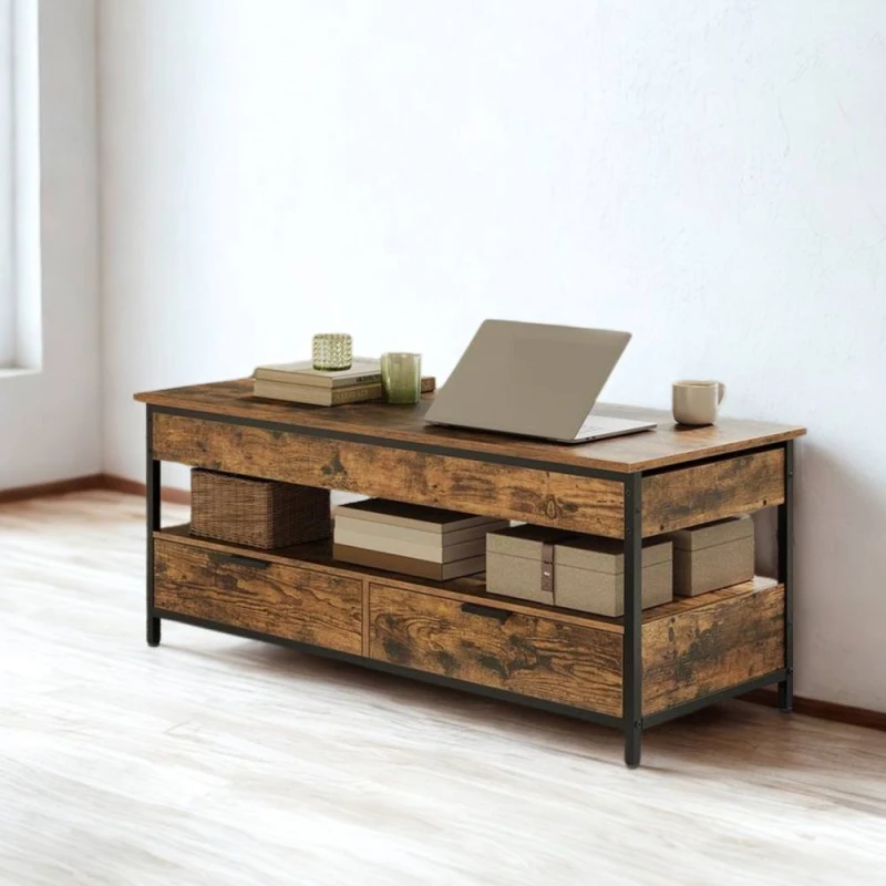 Image of Pirlo Plush Industrial Lift Top Coffee Table With Drawers Rustic Brown Brown Unisex