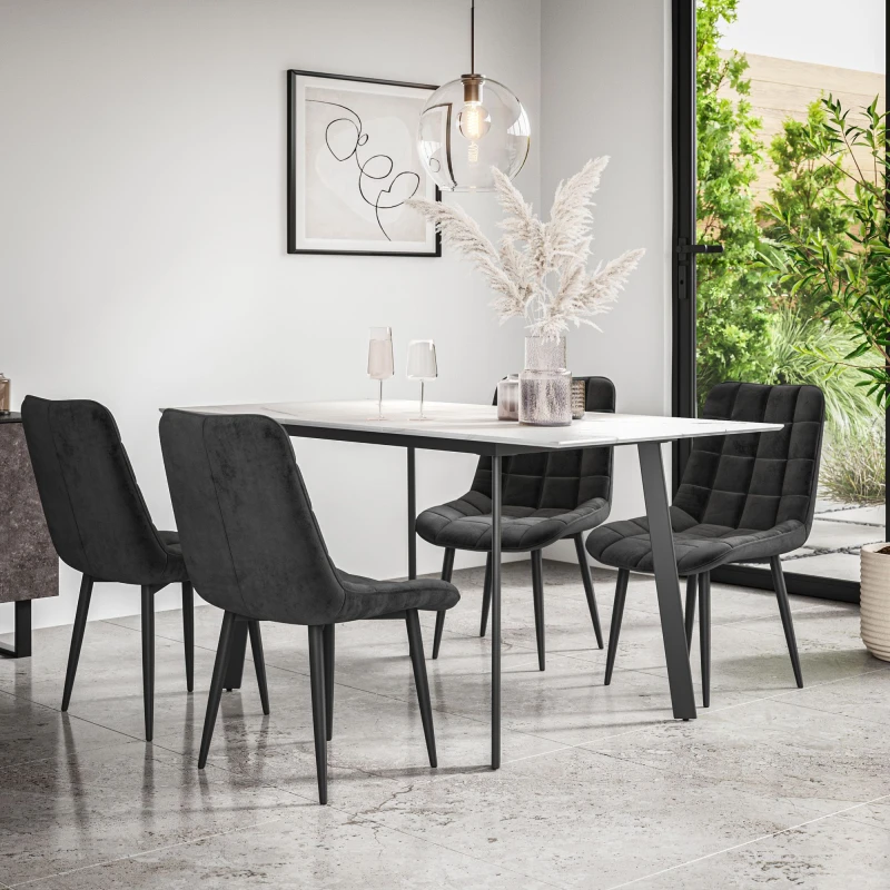 Image of More4Homes Haydon Extending Dining Table + Chairs- White Marble Effect Table Top W Black Legs + Nova Velvet Dining Chair Set Of 4 (Black)
