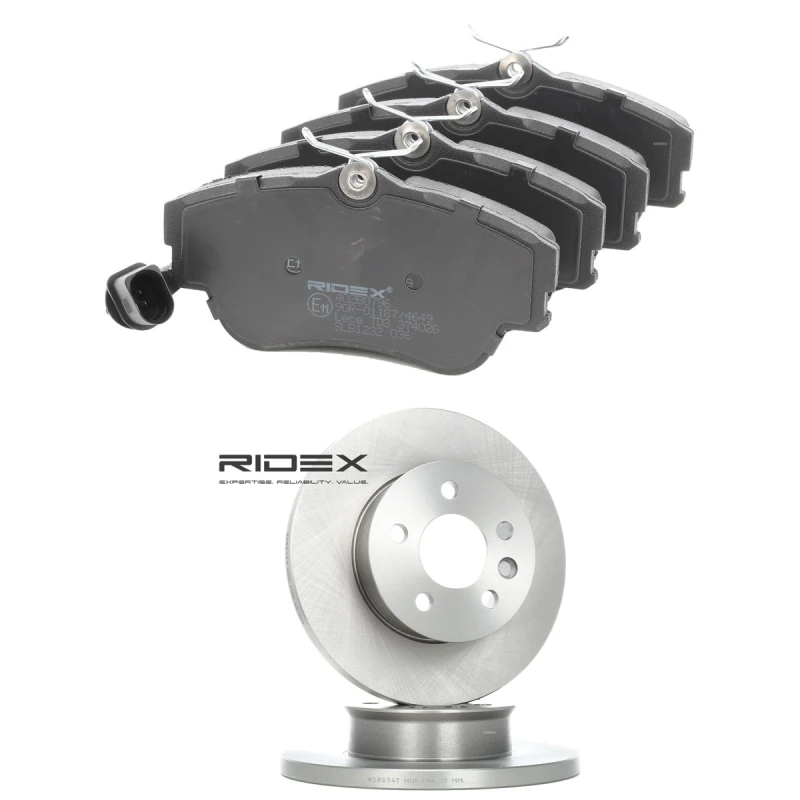 Image of RIDEX 3405B2121 Brake disc and pads set Front Axle, Brake Disc Type: Solid, incl. wear warning contact Brake Set,disc brakes (3405)