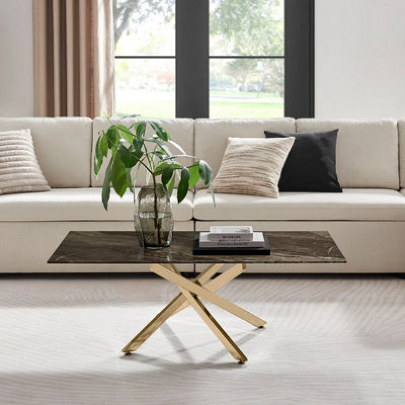 Image of FurnitureboxUK FurnitureboxUK Leonardo Rectangular Marble Effect Glass Top Coffee Table With Gold Metal Starburst Legs in Grey Grey One Size Unisex 50