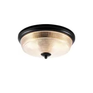 image of Watson 2 Light E27 Flush Ceiling Lamp, IP44, Satin Black, Prismatic Glass