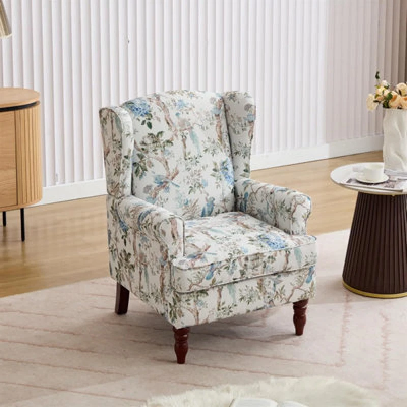 Image of Wingback Armchair, Bird Pattern Retro Accent Chair Soft Padded Fabric Lounge Padded Sofa Chair, Retro Vantage Leisure Chair