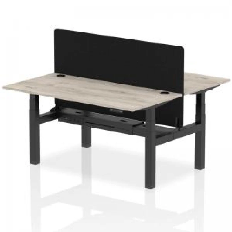 Image of Air Back - to - Back 1600 x 800mm Height Adjustable 2 Person Bench Office Desk Grey Oak Top - Cable Ports Black Frame - Black Straight Screen