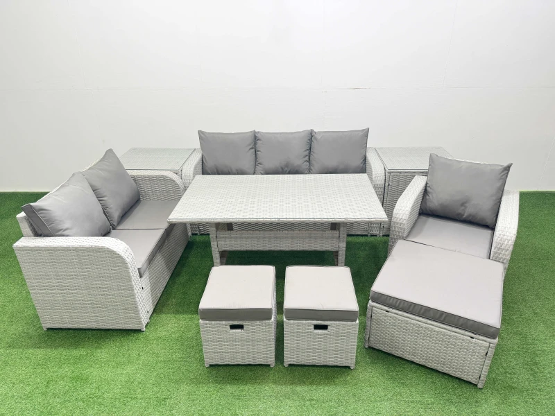 Image of Fimous Patio PE Wicker 9 Seater Outdoor Rattan Furniture Sofa Sets with Rectangular Dining Table Reclining Chair Loveseat Sofa 3 Seater Sofa Stool 2 S