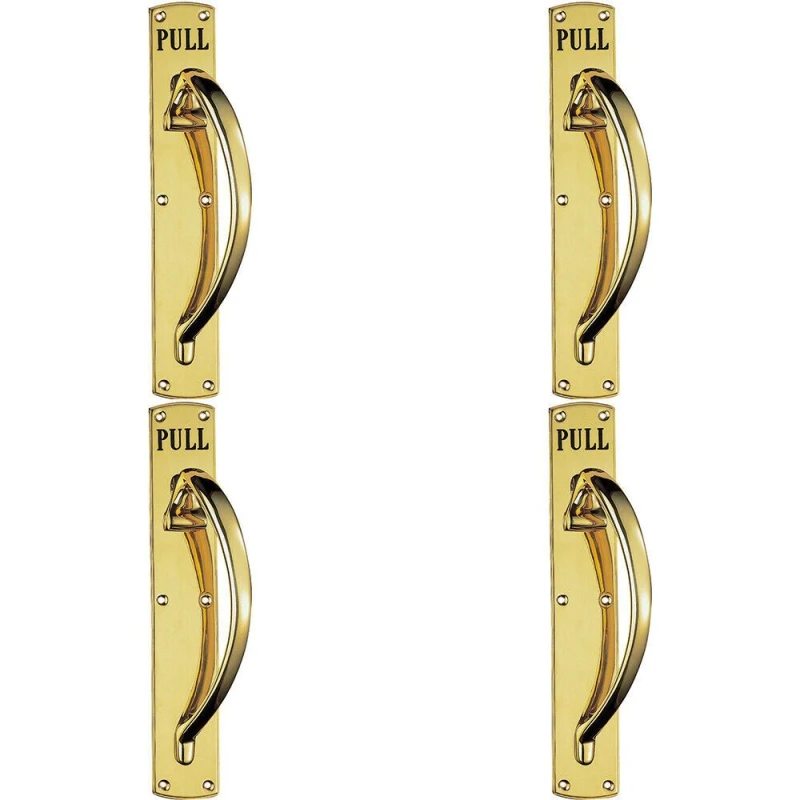 Image of Loops 4x Curved Right Handed Door Pull Handle Engraved with 'Pull' Polished Brass Metallics unisex