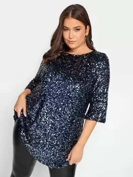 Image of Yours Sequin Flute Sleeve Top, Blue, Size 14, Women