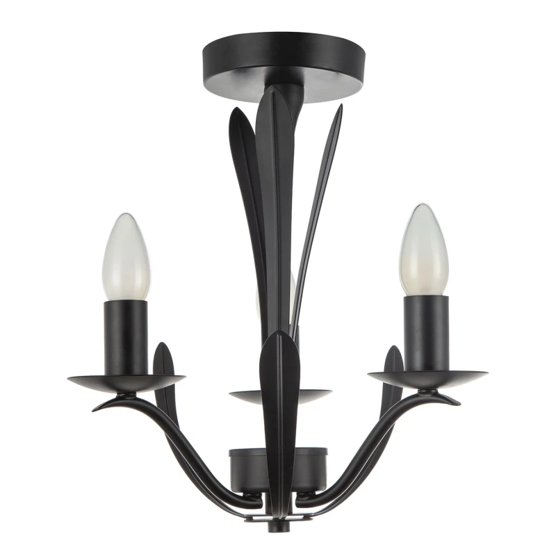 Image of Happy Homewares Traditional 3-Arm Ceiling Light in Matte Black with Metal Leaves Black Unisex