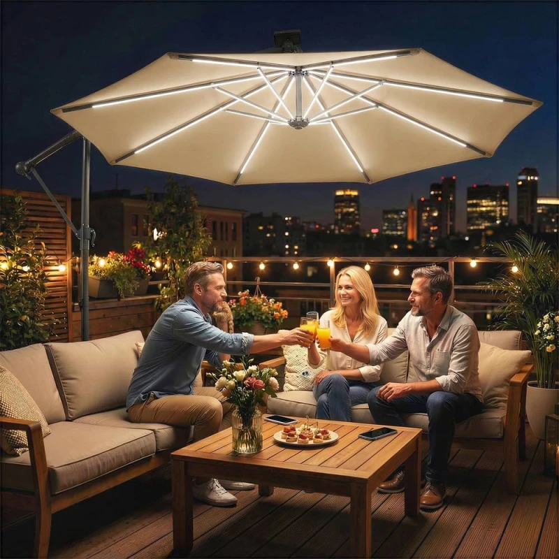 Image of OUTSUNNY 3m Garden Cantilever Parasol with Solar Light, Rotation in Khaki Size: 3m x 3m Khaki Unisex 3m x 3m