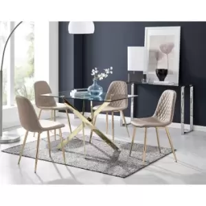 Image of Furniturebox Leonardo 120cm Modern Glass And Gold Metal Leg Dining Table And 4 Cappuccino Beige Corona Faux Leather Dining Chairs with Gold Legs