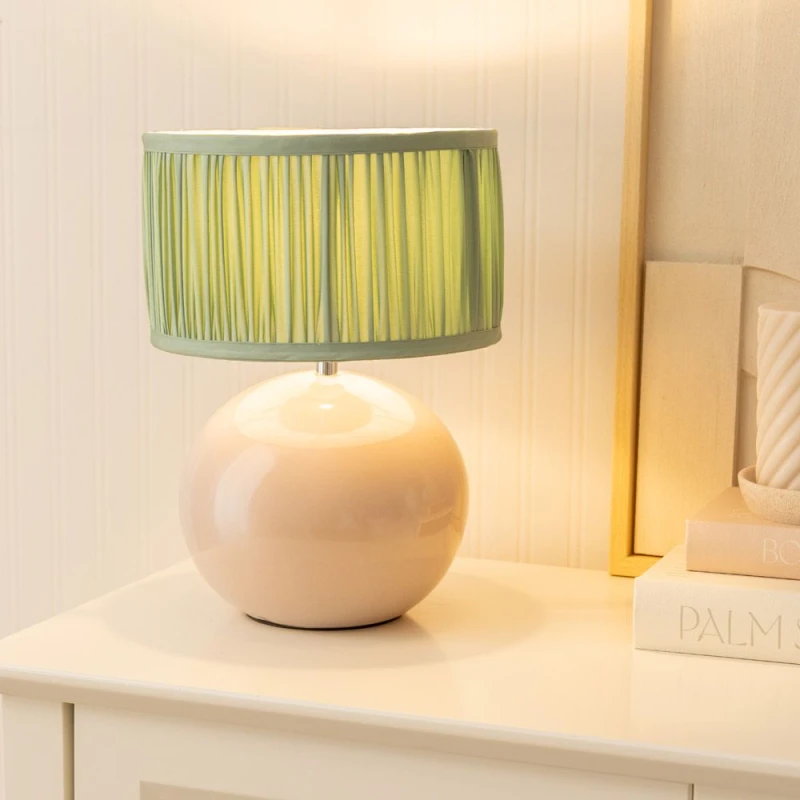 Image of ValueLights Bosco Stone Ceramic Table Lamp with Ruched Pleated Lamp Shade and LED Bulb Pale Green