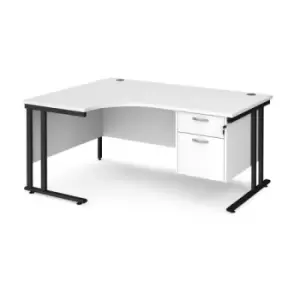 Image of Office Desk Left Hand Corner Desk 1600mm With Pedestal White Top With Black Frame 1200mm Depth Maestro 25 MC16ELP2KWH