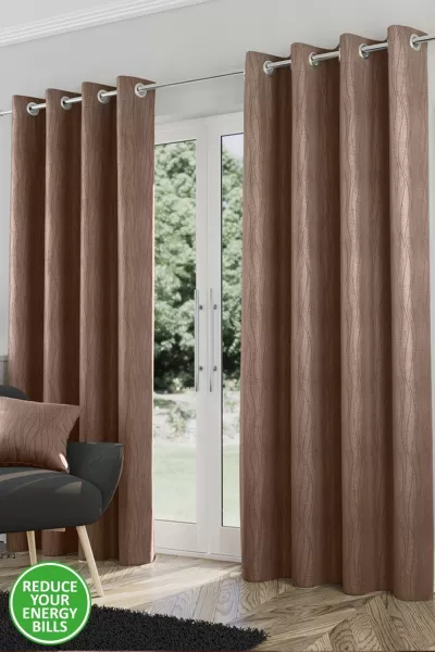 Image of Enhanced Living Goodwood Bronze Thermal, Energy Saving, Dimout Eyelet Pair Of Curtains With Wave Pattern 46 X 54" (117X137Cm)