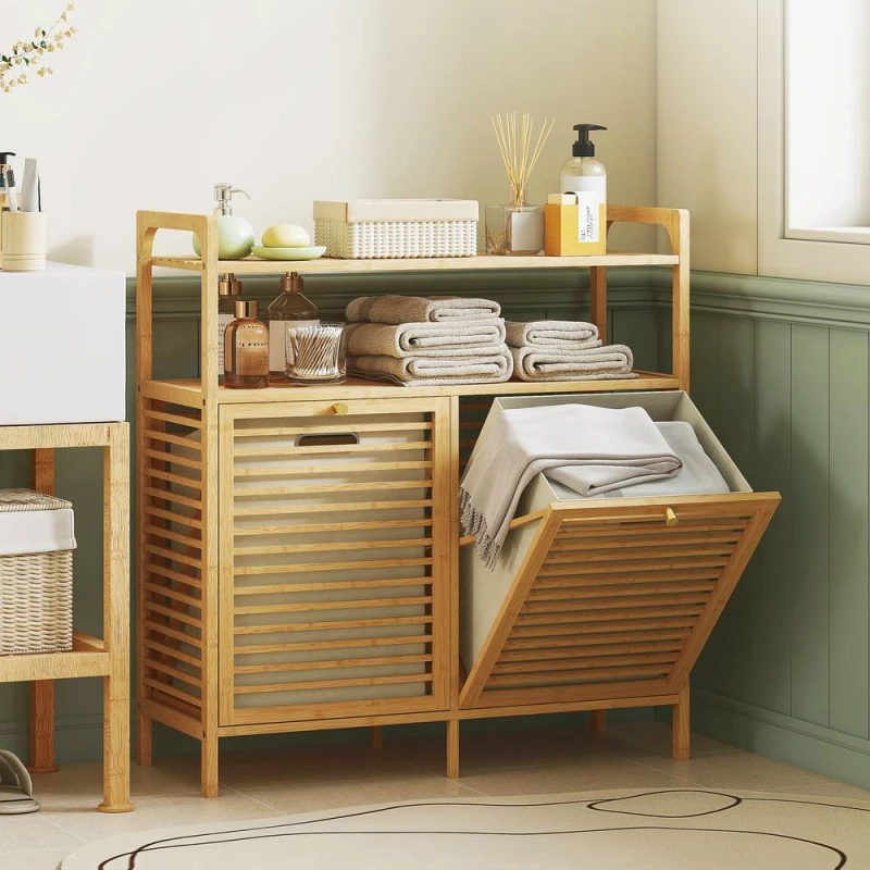 Image of HOMCOM Double Tilt Out Laundry Cabinet Bamboo Laundry Hamper Cabinet in Natural Natural Unisex
